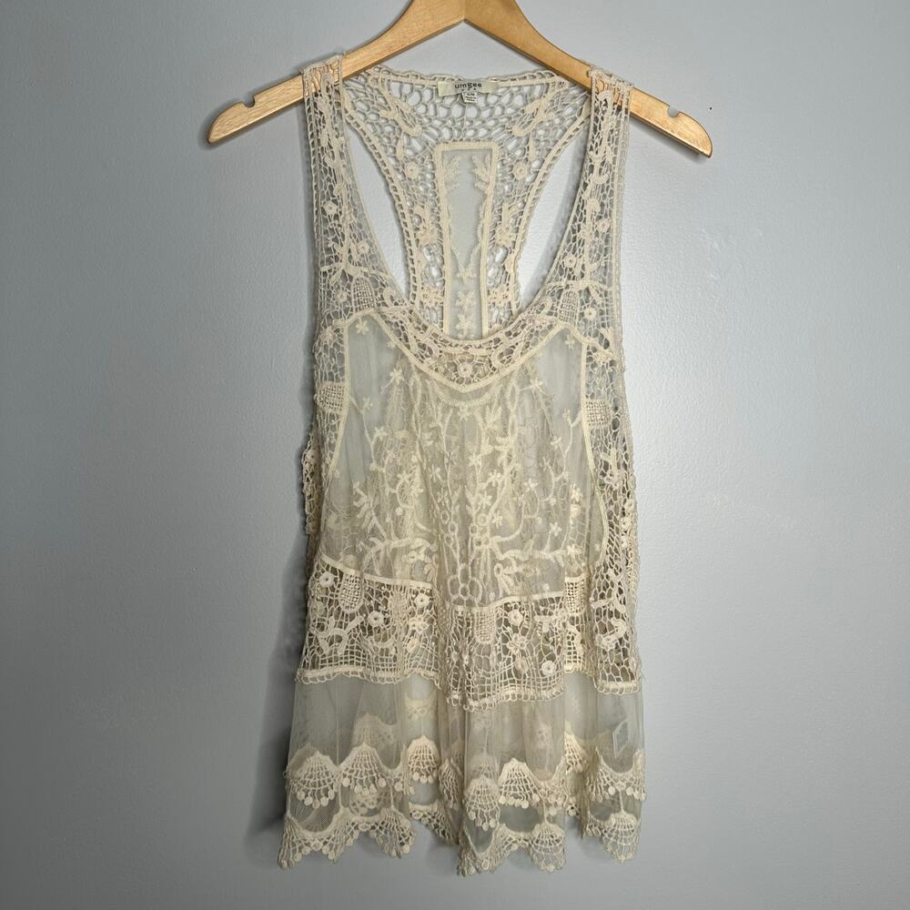 Umgee Women's Cream Cotton Blend Crochet Mesh Cut Out Racerback Tank Size S/M - Picture 2 of 9